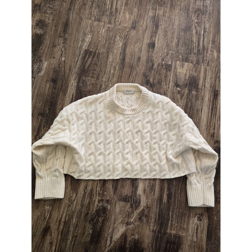 Aritzia Babaton Women’s Crop Sweater Size M Beige Ribbed 100% Merino Wool Cozy!